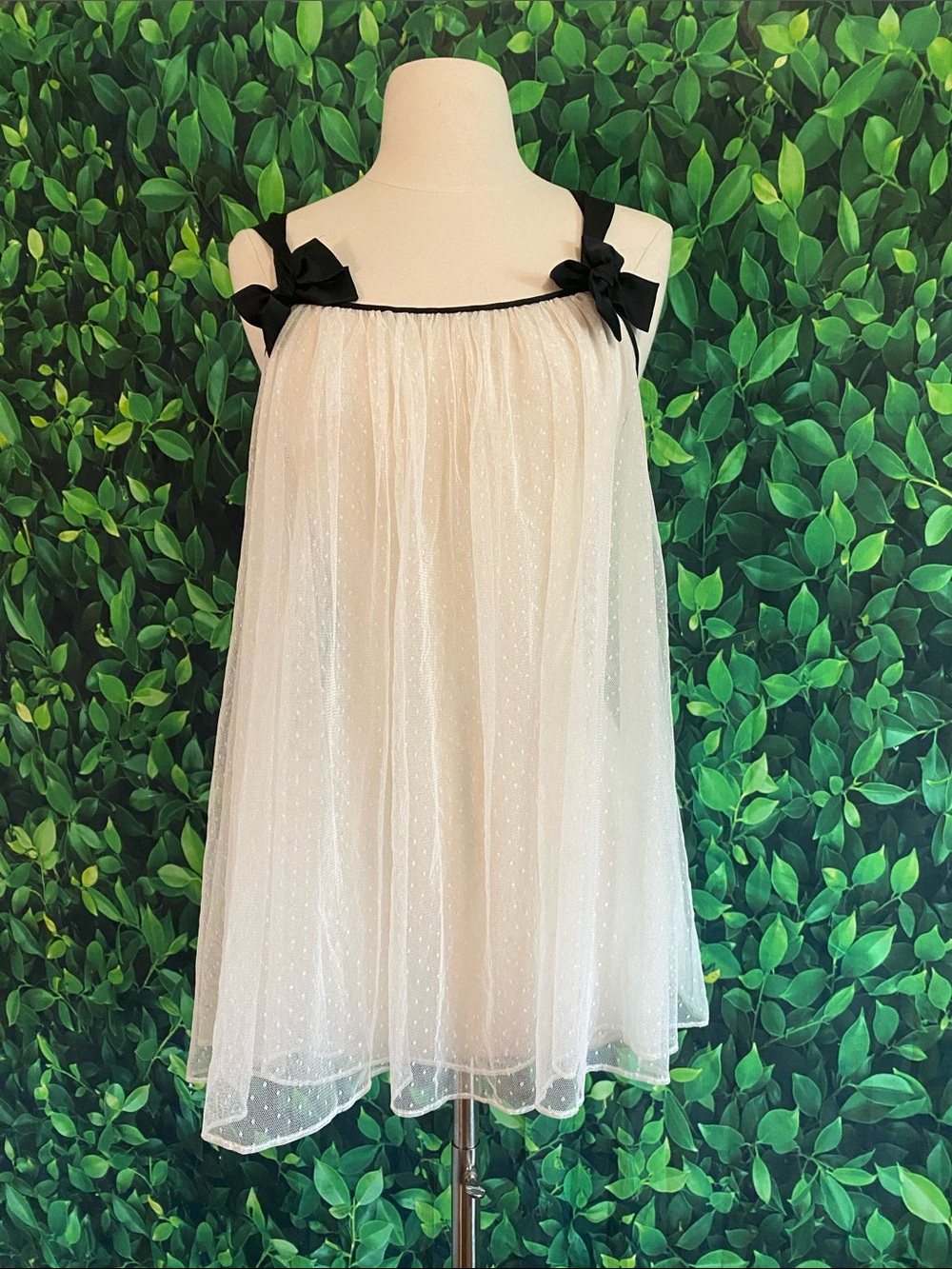 kate spade Cream Sheer Dotted Tulle Chemise with Black Bow Straps
